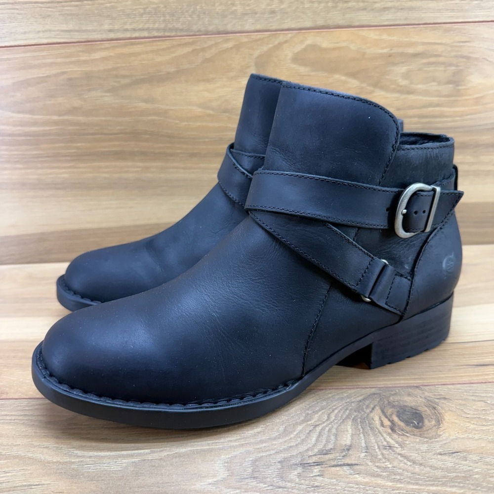 Born Chaval Buckle Ankle Boots Womens 9 M Black‎ Leather Zip Comfort Modern Walk